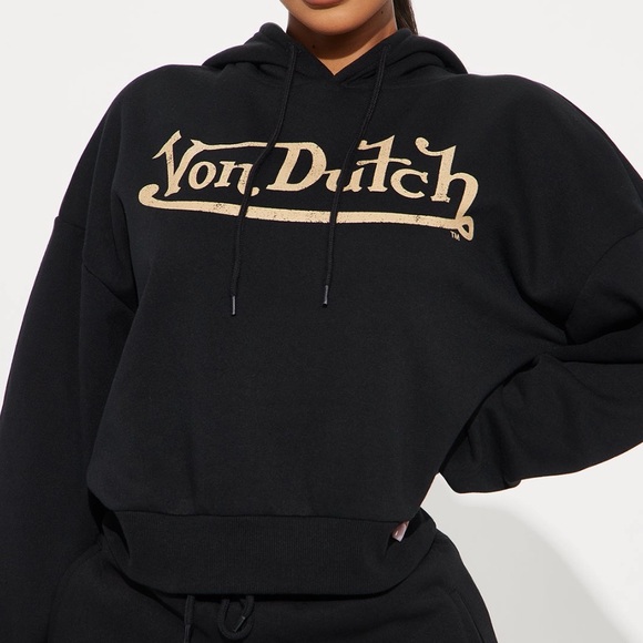 Women’s Von Dutch Cropped Black/Tan Logo Hoodie- Size M - Picture 6 of 7